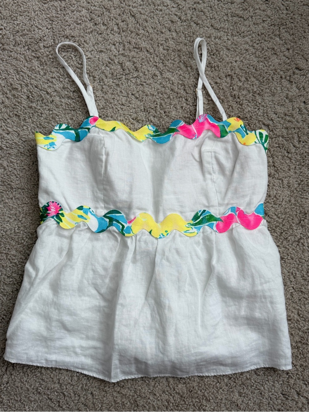 Lilly Pulitzer White Linen Camisole with Pink Yellow Teal Scallop Trim